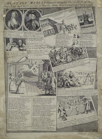 Scenmedley som representerar stadens artiga smak och de makalösa förtjänsterna hos poeten G., Polly Peachum och kapten Macheath, ca 1728 av English School