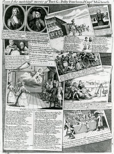 Scenmedley som representerar stadens artiga smak och de makalösa förtjänsterna hos poeten G., Polly Peachum och kapten Macheath, ca 1728 av English School