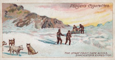 Starten från Cape Royds, Shackletons expedition (chromolitho) av English School
