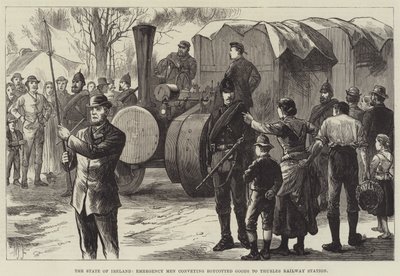 Staten i Irland, räddningsmän som transporterar bojkottade varor till Thurles järnvägsstation (gravyr) av English School