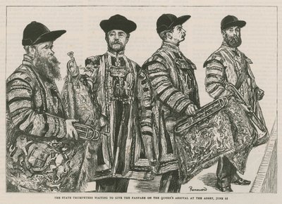 Statens trumpetare väntar på att ge fanfaren vid Queens ankomst till Abbey av English School