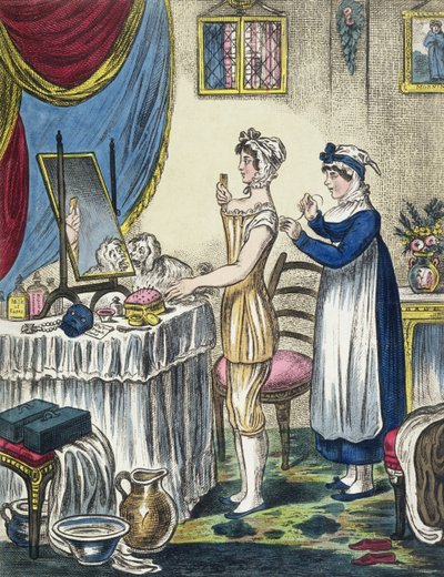 The Stays, skylt 1 från The Progress of the Toilet, c.1810 av English School