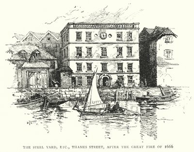 Steel Yard, etc., Thames Street, efter den stora branden 1666 (gravyr) av English School