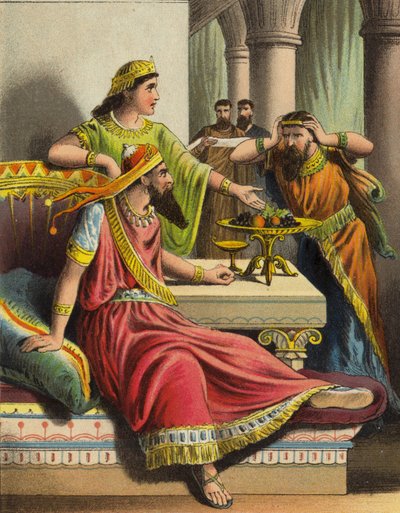 Berättelsen om drottning Esther: Ester anklagar Haman (färg litho) av English School