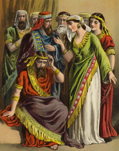 Berättelsen om drottning Esther: Haman lägger sitt klagomål inför sin fru Zeresh och alla hans vänner (färg litho) av English School