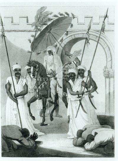 Sultanen av Marocko kommer ut för att ge publik, från resor genom Frankrike och Spanien till Marocko av Maurice Keatinge, publicerad 1817 av English School