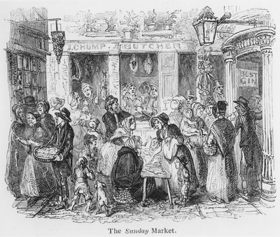 Söndagsmarknaden, London (gravyr) av English School