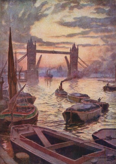 Tower Bridge (färglitografi) av English School