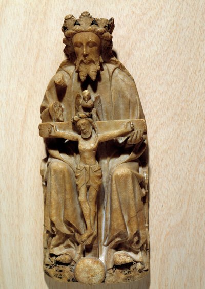 Treenigheten Gud frestade sin son Jesus på korset. Skulptur i albatre av Engelska skolan. 1400-talets Paris, Nationalmuseet för medeltiden, Thermes de Cluny av English School