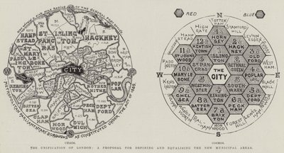 The Unification of London, ett förslag för att definiera och utjämna de nya kommunala områdena (gravyr) av English School