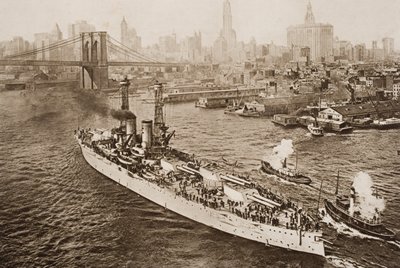 United States Battleship, Texas, på väg från New York Harbour, illustration från 