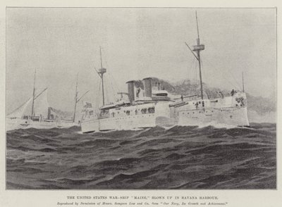 USA:s krigsfartyg "Maine" sprängdes i Havannas hamn (litho) av English School