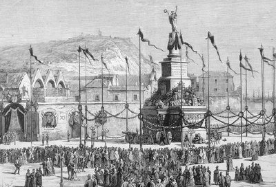 Avtäckningen av monumentet till fred, Barcelona, Spanien (gravyr) av English School