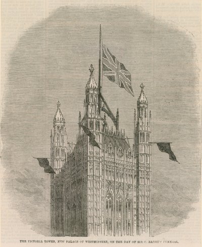 Victoria Tower, nya Palace of Westminster, på dagen för Sir C Barnets begravning av English School