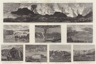 Vulkanutbrottet av Mount Tarawera, i Hot Springs Lake District i Nya Zeeland, förstörelse av byn Wairoa (gravyr) av English School