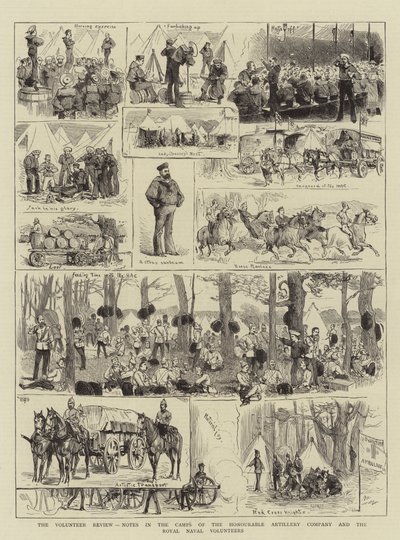 Frivilliggranskningen, anteckningar i lägren för det ärade artillerikompaniet och Royal Naval Volunteers (gravyr) av English School