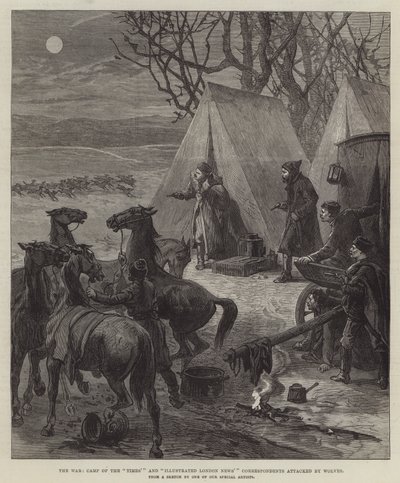 The War, Camp of the "Times" och "Illustrated London News" Korrespondenter attackerade av vargar (gravyr) av English School