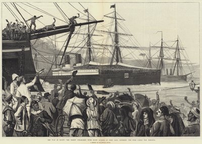 Kriget i Egypten, Orient Steam-Ship, med skotska vakter, vid Port Said, på väg in i Suezkanalen för Ismailia (gravyr) av English School