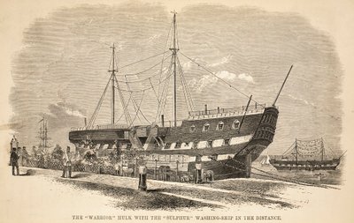 The Warrior hulk med svavelvaskningsskeppet i fjärran, illustration från The Criminal Prisons of London och Scenes from Prison Life av Henry Mayhew och John Binny, pub. 1862 av English School