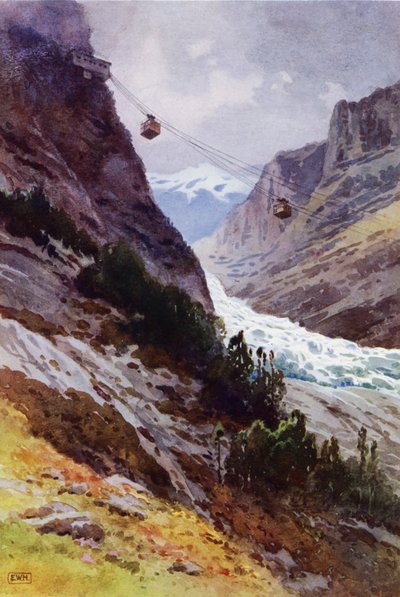 Wetterhorn Aerial Railway linbana, Schweiz (färg litho) av English School