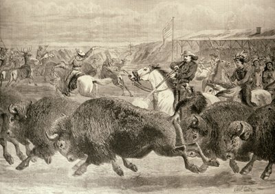 "The Wild West" på den stora amerikanska utställningen: Hunting Bison and Wapiti Deer, från "The Illustrated London News", 18 juni 1887 av English School