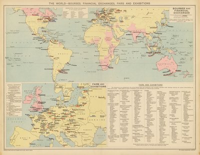 Världen, börser, finansiella börser, mässor och utställningar (färglitografi) av English School