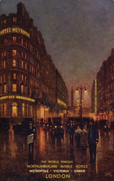 De världsberömda hotellen på Northumberland Avenue, Metropole, Victoria, Grand, London (färglitografi) av English School