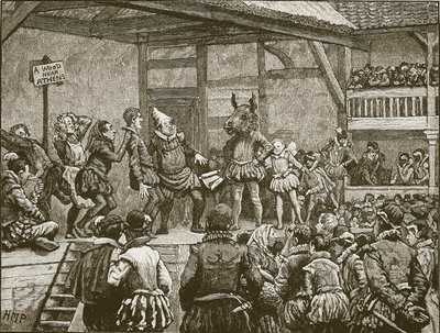 Skådespeleriet i en av Shakespeares pjäser på drottning Elizabeths tid, illustration från Cassells Illustrated History of England (sepiafoto) av English School
