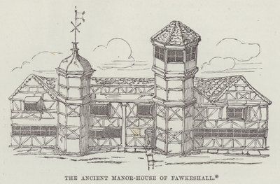 Fawkeshalls gamla herrgård (gravyr) av English School