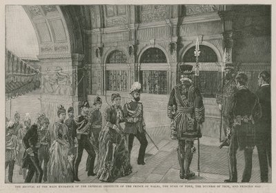 Ankomsten till huvudentrén till Imperial Institute av prinsen av Wales, hertigen av York, hertiginnan av Teck och prinsessan May av English School