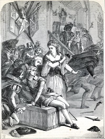 The assassination of Gustavus III by Jackob Johan Anckarström at a masked ball, Stockholm, Sweden,1792 (engraving) av English School