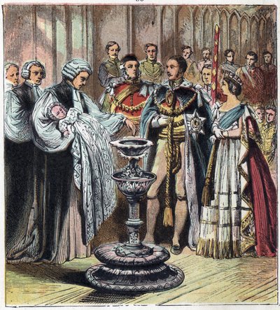 Dop av prinsen av Wales, som blev kung Edward VII (1841-1910), i närvaro av hans föräldrar, drottning Victoria 1:a (1819-1901) och prins Albert av Sachsen Cobourg Gotha (Sachsen-Coburg-Gotha) av English School