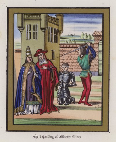Halshuggningen av Sir Silvester Budes (färgad gravyr) av English School