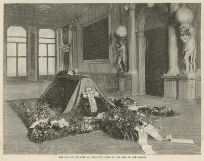 Kroppen av den avlidne Mr Browning som ligger i hallen i Palazzo Rezzonico, Venedig av English School