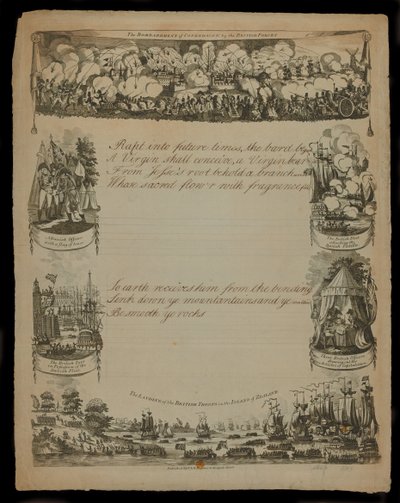 De brittiska styrkornas bombardemang av Köpenhamn och The landing of the British Forces in the Island of Zealand, publicerad av T. och R. Hughes 1807 av English School