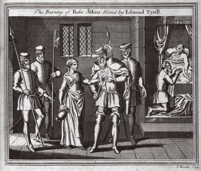 The Burning of Rose Allins hand av Edmund Tyrill, illustration från Foxes Martyrs c.1703 av English School