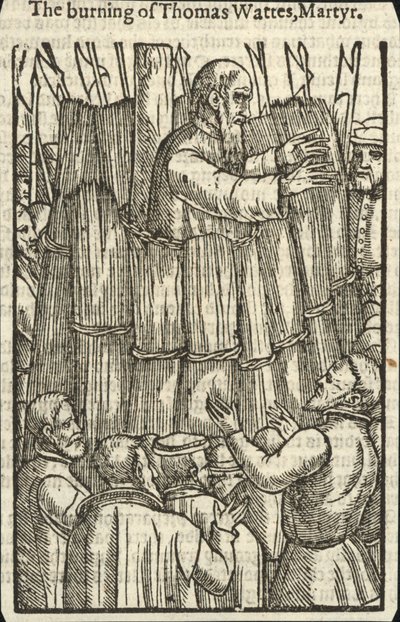 Bränningen av Thomas Wattes, martyr (gravyr) av English School