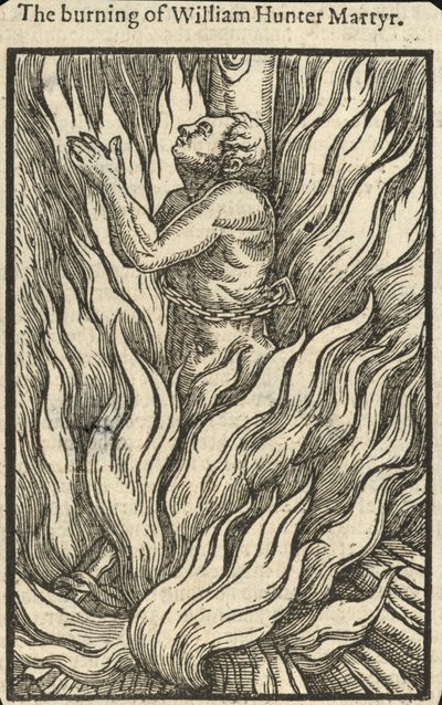 Bränningen av William Hunter, martyr (gravyr) av English School