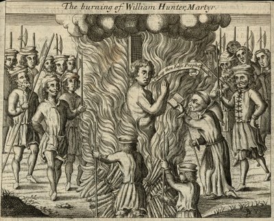 Bränningen av William Hunter, martyr (gravyr) av English School