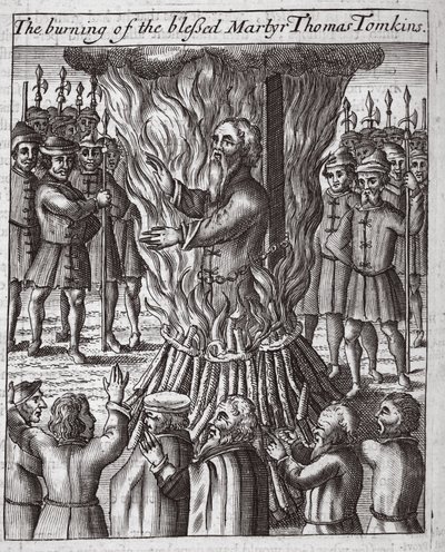 Bränningen av den välsignade martyren Thomas Tomkins, illustration från "Acts and Monuments" av John Foxe, nionde upplagan, publ. 1684 (litografi) av English School