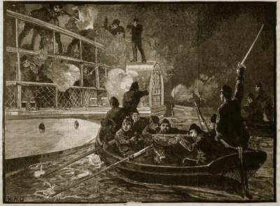 Capture of the Caroline, 1837, illustration från Cassells Illustrated History of England (sepiafoto) av English School