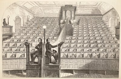 Kapellet, på det separata systemet, i Pentonville Prison, under gudstjänst, illustration från The Criminal Prisons of London och Scenes from Prison Life av Henry Mayhew och John Binny, pub. 1862 av English School