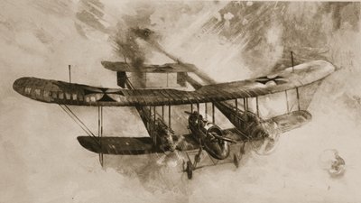Det stora stridsflygplanets ankomst: det dubbelstora tyska biplanet som brittiska flygare har anlitat, från The Illustrated War News av English School