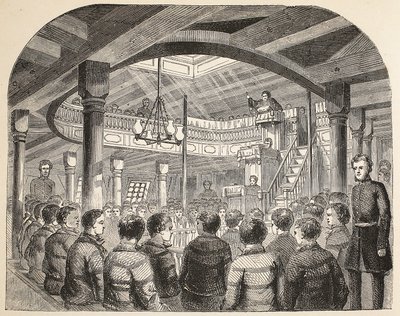Fångskapellet ombord på Defense Hulk i Woolwich, illustration från The Criminal Prisons of London och Scenes from Prison Life av Henry Mayhew och John Binny, pub. 1862 av English School