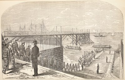 De dömda som återvänder till hulken från sitt arbete i Arsenalen, illustration från The Criminal Prisons of London och Scenes from Prison Life av Henry Mayhew och John Binny, pub. 1862 av English School