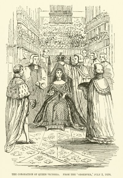 Kröningen av drottning Victoria, från Observer, 2 juli 1838 (gravyr) av English School