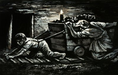 Den mörka sidan av den industriella revolutionen: barnarbete (gouache på papper) av English School