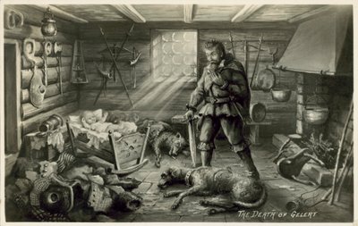 Gelerts död, Llewellyns hund, scen från William Robert Spencers dikt Beth Gelert; eller vinthundens grav (litho) av English School