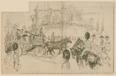 Prinsen av Wales avresa med bruden från Marlborough House till Buckingham Palace, 23 juli 1896 av English School