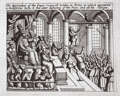 Beskrivningen av påvens råd som hölls i Rom, där en monstruös uggla uppträdde, till påvens och hela hans prästerskap fullständigt förnedrade, illustration från Acts and Monuments av John Foxe, nionde uppl. av English School